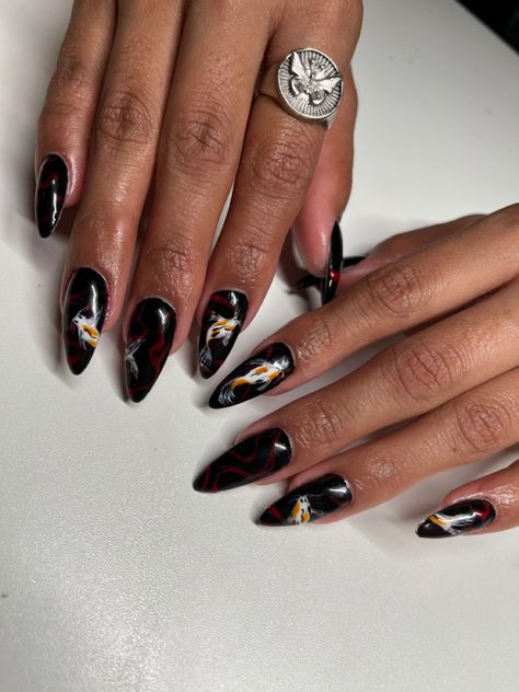 Koi Fish Nail Design, Koi Nail Art, Fish Nails Designs, Koi Fish Nail Art, Koi Nails, Koi Fish Nails, Insect Nails, Fish Nail Art, Nail Art Black