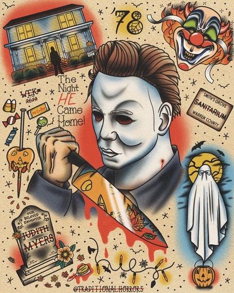 Halloween 78 American Traditional Poster - Etsy -  #American #Etsy #Halloween #Poster #traditional Michael Myers American Traditional Tattoo, Michael Myers Traditional Tattoo, Halloween 3 Tattoo, Halloween 1978 Tattoo, Classic Halloween Tattoos, Traditional Tattoos Horror, American Traditional Horror Tattoo, American Traditional Horror, Halloween Movie Tattoos