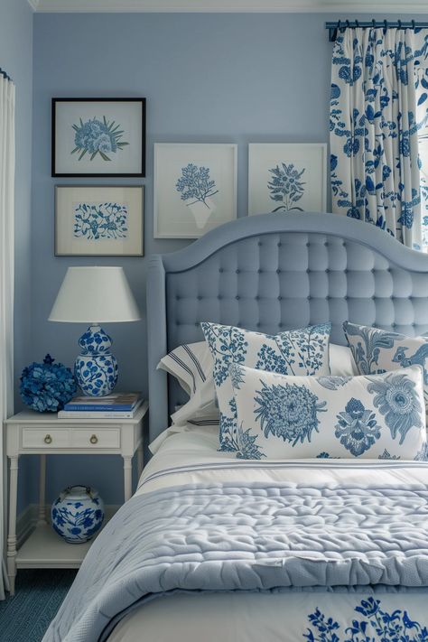 Blue China Bedroom, Blue And White Chinoiserie Bedroom, Girls Blue Bedroom Ideas, Blue Vintage Bedroom, Blue Girls Bedroom, Light Blue Dorm Room, Light Blue Dorm Room Ideas, Light Blue Dorm, Blue Dorm Room Ideas