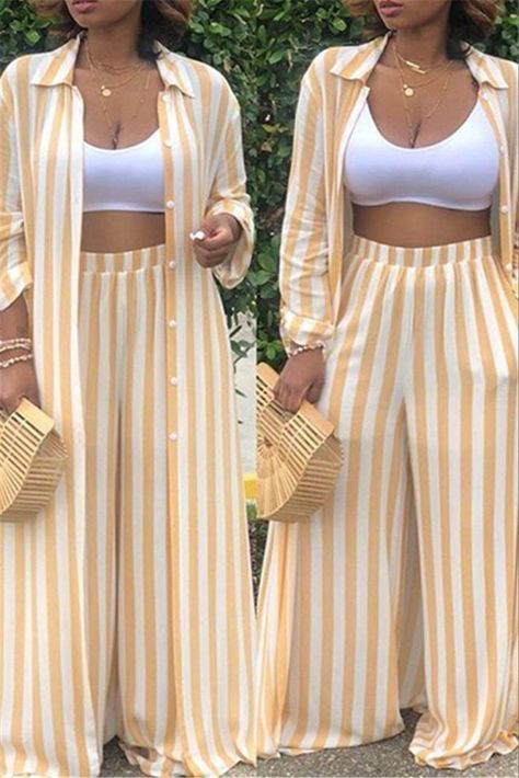 Pin on Outfits Striped Set, Classy Jumpsuit, 2piece Outfits, 90s Fashion Outfits, Classy Dress Outfits, Striped Shirt Dress, Classy Casual Outfits, Classy Casual, Stripe Shirt