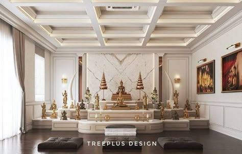 Buddha Room Design Interiors, Buddha Room Design Modern, Luxury Puja Room, Shrine Room Design, Shrine Interior, Buddha Room Design, Buddha Room, Praying Room, Shrine Room