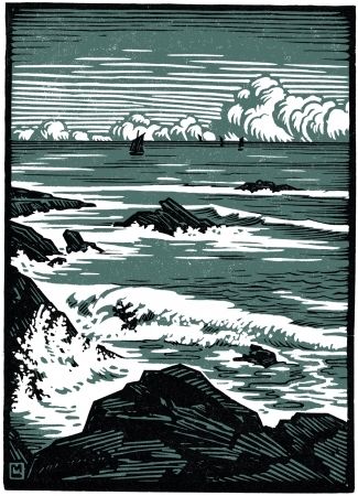 La Mer (Bretagne) - gravure sur bois 1910 - Louis Moreau, 1883-1952 France Woodcut Art, Linocut Printmaking, Lino Art, Linocut Art, Woodcuts Prints, France Art, Print Inspiration, Wood Engraving, Lino Print