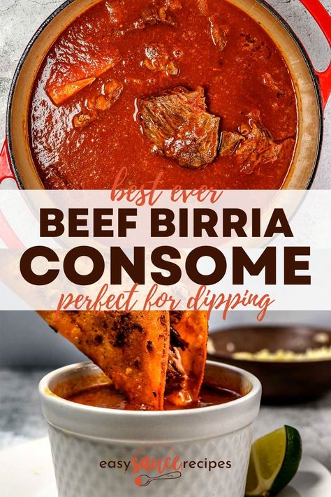 My Birria Consome is a rich and deeply flavorful Mexican sauce made with a mixture of savory, sweet, earthy, smoky, and spicy seasonings which bring incredible flavor to every single bite. Birria consome can be used as the base for a Mexican beef stew, but I love to take the consume and use it as a sauce for quesabirria tacos, burritos, over rice, or even chimichangas! Consume Sauce For Tacos, Birria Sauce Recipe Mexican Easy, Birria Sauce For Tacos, Birria Tacos Consome Recipe, Quick Birria Sauce, Birria Juice Recipe, Non Spicy Birria Tacos, Birra Taco Sauce Recipe, Easy Birria Sauce Recipe