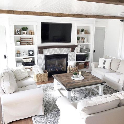 A nice take on organization using large build-ins by @angelarose_diyhome Cozy Living Room With Fireplace, Tv Room Decor, Fireplace And Tv, Room With Fireplace, Luxury Living Room Design, Luxury Bedroom Master, Family Room Design, Room Remodeling, Living Room With Fireplace