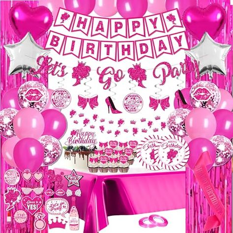 Pink Birthday Party Decorations for Girls - (Total 85pcs) Pink Glitter Happy Birthday Banner for her, Hanging Swirl, Foil Backdrops, Balloons, Pink Birthday Decor for 10th 13th 16th 18th 21st Pink Birthday Decor, Pink Birthday Party Decorations, Pink Girl Birthday, Pink Party Decorations, Birthday Sash, Pink Birthday Party, Girl Birthday Decorations, Pink Confetti, Glitter Birthday