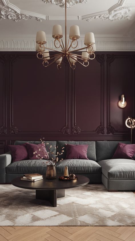 25 Living Room Paint Colors Ideas for Small & Large Spaces | Behr, Neutral & More Plum Lounge Living Rooms, Brinjal Farrow And Ball Living Room, Wall Design Ideas Living Room Home Decor Paint Colors, Living Room Paint Color Ideas High Ceilings, Dark Plum Paint Color, Chaise Mauve Sherwin Williams, Poetry Plum Sherwin Williams, Behr Purple Paint Colors, Purple Accent Wall Living Room