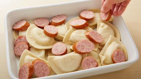 This might be the ultimate comfort food casserole, made with frozen pierogies, kielbasa and a creamy cheese sauce. Recipes With Sausage Kielbasa, Pasta Recipes With Sausage, Recipes With Sausage, Pierogies And Kielbasa, Sausage Slow Cooker, Frozen Pierogies, Pierogi Casserole, Pierogi Recipe, Easy Casserole Recipes