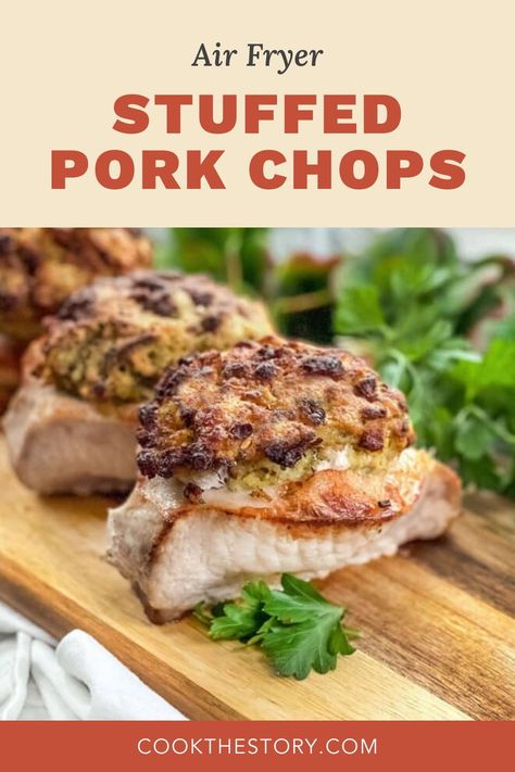 These comfort-food Air Fryer Stuffed Pork Chops take less than 30 minutes to make, and thanks to a creative cut, keep all of the stuffing inside the pork chop where it belongs. If you’re looking for a stunning dinner in less than 30 minutes, Air Fryer Stuffed Pork Chops will tick every box for you. It’s not only quick and simple but practical, too. Tap the pin this amazing dinner recipe the whole family will love. spring recipe ideas | air fryer recipe ideas Stuffed Pork Chops, Air Fryer Pork Chops, Spring Recipe, Comfort Casseroles, Creamy Pasta Dishes, Stuffed Pork, Air Fryer Recipe, Pork Loin Chops, Pork Steak