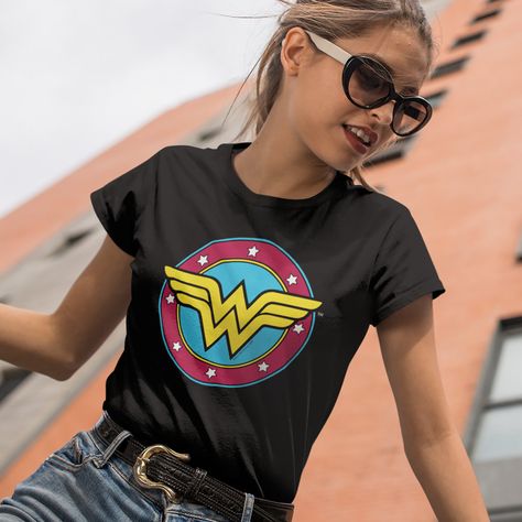 Super Woman Shirt, Wonder Woman Clothing, Wonder Woman Tshirt, Wonder Woman Shirt, Stars Logo, Painted Clothing, Wonder Woman Logo, Women's Circle, Star Logo