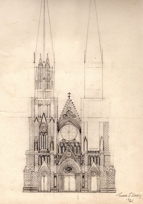 A (homesick perhaps) sketch of St. Patrick’s Cathedral I began as a Sophmore at Notre Dame.  I never finished it (unusual for me) and I quite like it in this unfinished state. Speyer Cathedral Drawing, Notre Dame Cathedral Sketch, Cathedral Reference, Cathedral Sketch, St Patricks Cathedral Nyc, St Patrick Cathedral, Gothic Architecture Drawing, Structural Drawing, Building Sketch