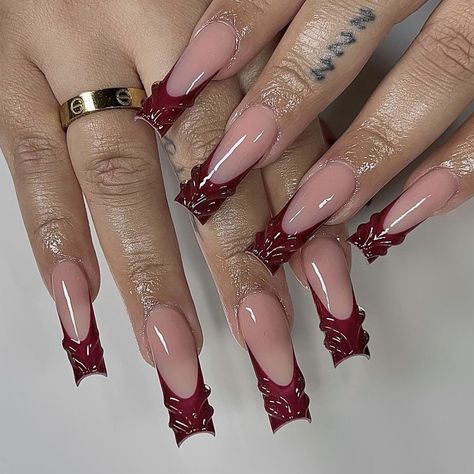 ig: nailsxomari Burgundy French Tip Square, Burgundy French Tip Nails Acrylic, Red Acrylic Nails Square, Tapered Square Nails, Red Acrylic Nails, Burgundy Nails, Minimalist Nails, French Tip Nails, Square Nails