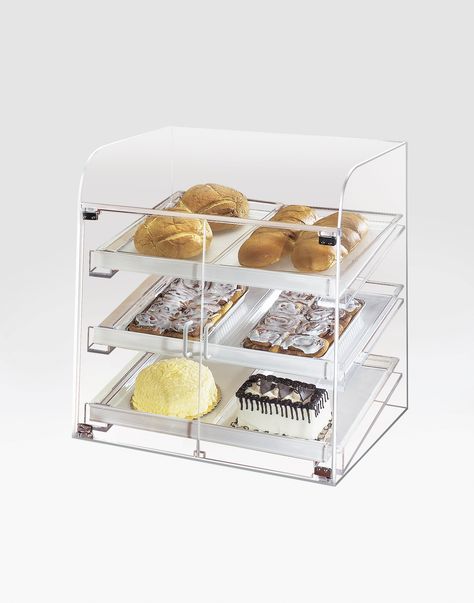 Classic Large Bakery Case Item: 288 This large self serve bakery display case features a clear acrylic style that will not only have room for all your items but it will also complement your bakery, coffee shop, or market. With its front dual doors, this bakery display case is also ideal for self service stations at your cafeteria or hotel breakfast bar. If you are looking for a way to dress up your baked goods, you cannot go wrong with this case. It will sure attract your customers and guests Cake Display Case, Bakery Equipment, Bread Display, Bakery Display Case, Mini Pastries, Vanilla Cupcake Recipe, Acrylic Display Box, Bakery Display, Hotel Breakfast