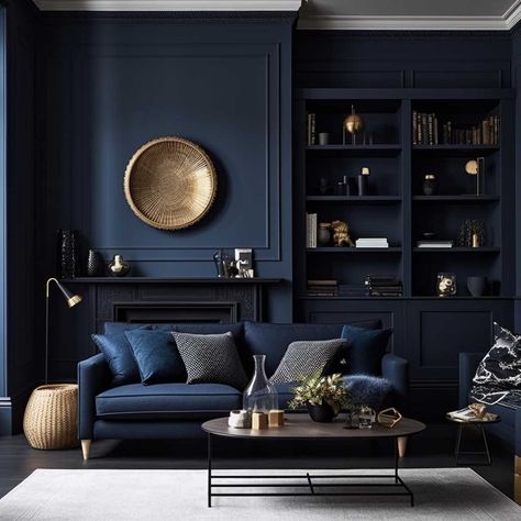 Naval Blue Living Room, Stiff Key Blue Living Room, Prussian Blue Living Room, Navy Living Rooms Ideas, Navy Fireplace Wall Living Room, Navy Paint Living Room, Blue Colour Drenched Living Room, Living Room Inspiration Navy Blue, Painted Ceiling Blue