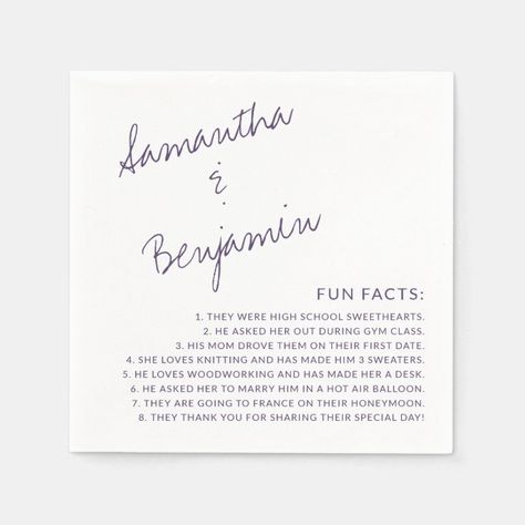 Fun Facts Wedding Napkins, Fun Facts Wedding, Wedding Fun Facts, Wedding Cocktail Napkins, Personalized Paper Napkins, Wedding Cocktail, High School Sweethearts, Interesting Information, Wedding Cocktails