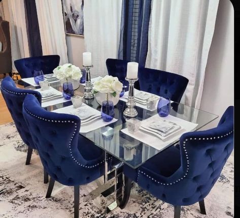 Luxury Dining Room Decor Modern, Dining Room Decor Modern Chic, Dining Room Decor Modern Classy, Blue Dinning Room, Blue Dining Room Decor, Mix Match Chairs, Luxury Dining Room Decor, Dining Room Glam, Modern Dining Room Ideas