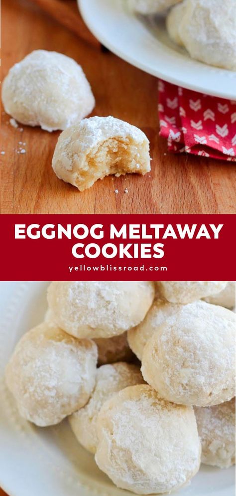 These Eggnog cookies are buttery and tender and melt in your mouth. With just a hint of spiced rum flavor, these Christmas cookies will steal the show! Eggnog Snowball Cookies, Meltaway Cookies Christmas, Eggnog Dessert, Eggnog Recipes, Dreamy Christmas, Meltaway Cookies, Eggnog Cookies, Eggnog Recipe, Egg Nog