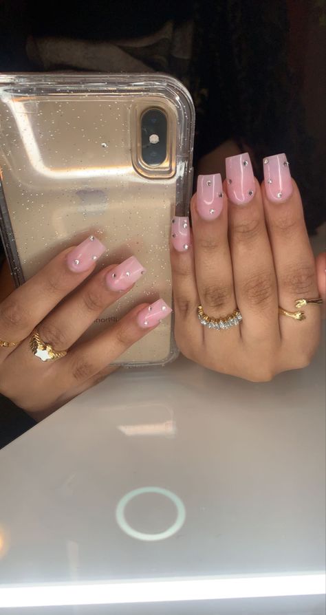 Pink Nail Designs Diamonds, Light Pink Square Nails With Rhinestones, Diamonds On Short Nails, Natural Pink Nails With Rhinestones, Medium Nail Ideas Pink, Medium Short Nails Acrylic Square Pink, Soft Pink Nails With Rhinestones, Short Acrylics With Rhinestones, Plain Pink Nails With Rhinestones