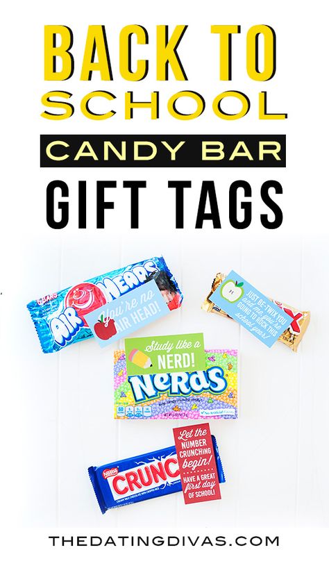 Quick and easy Back to School gift idea. Free printable candy bar gift tags for your kids!  This would be fun to sneak in their lunchbox.  www.TheDatingDivas.com Candy Sayings Gifts, Holiday Candy Bar, Partner Appreciation, Candy Sayings, Candy Bar Gifts, Candy Notes, Simple Holiday Gifts, Candy Quotes, Candy Grams