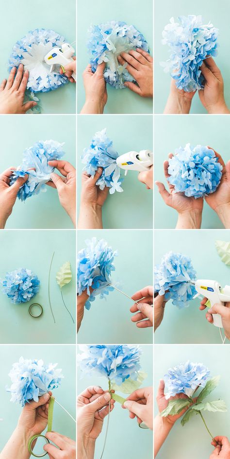 DIY Paper Hydrangeas - The House That Lars Built Tissue Paper Hydrangea, Diy Hydrangea Flower, Coffee Filter Flowers Diy Tutorials, Paper Hydrangea Diy, Hydrangea Craft, Paper Floral Arrangements, Paper Hydrangea, Coffee Filter Flowers Diy, Crepe Flowers