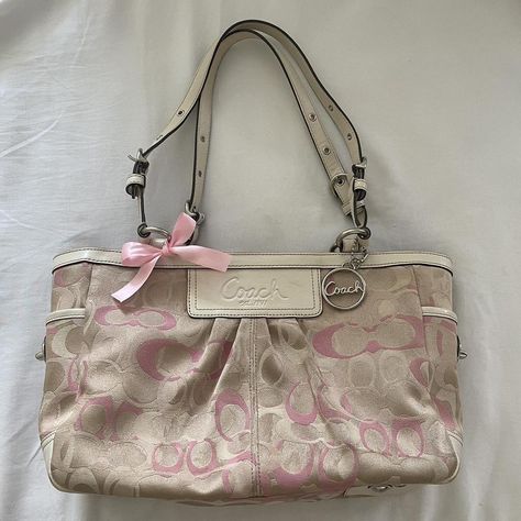 Coach Pink Monogram Shoulder Bag... - Depop Pink Coach Tote, Coach Monogram Bags, Y2k Coach Bag, Coach Bag Vintage, Coach Bags Aesthetic, Coach Pink Bag, Coach Aesthetic, Coach Bag Outfit, Pink Coach Bag