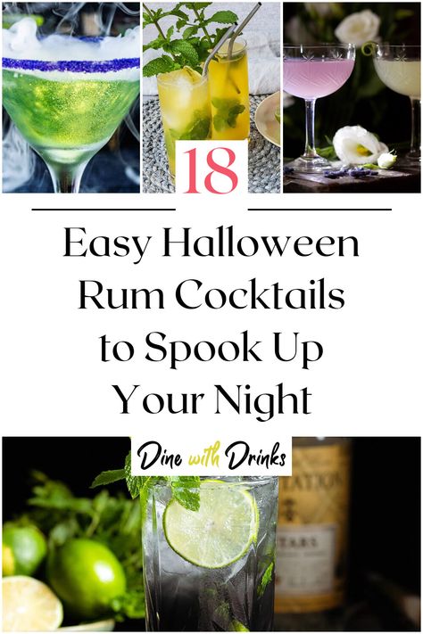 Collage of 4 easy halloween rum cocktails. Cocktails With Malibu Rum, Rum Drinks Easy, Spiced Rum Drinks, Easy Halloween Cocktails, Dark Rum Cocktails, Rum Mixed Drinks, Rum Cocktails Easy, Halloween Alcohol, Halloween Themed Drinks