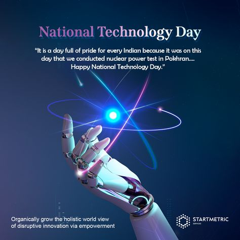 May 11th in India is observed as National Technology Day which is the anniversary of Shakti, the nuclear test in Pohkran conducted in the year 1998. #nationaltechnologyday #technology #india #technologyday #national #tech #nationaltechiesday #science #innovation #techiesday #technologynews #may #knowledge #indian #indiantechnology #pokhran #day #space Visit: www.startmetricservices.com National Technology Day, Technology Day, Instagram Projects, Modern India, Disruptive Innovation, Medical Posters, Nuclear Test, Creative Advertising Design, Nuclear Power