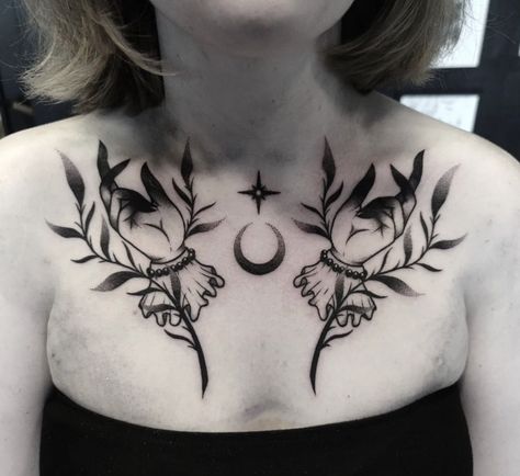 Tarot Chest Tattoo, Wiccan Chest Tattoo, Witchy Chest Tattoos For Women, Witchy Throat Tattoo, Witchy Stomach Tattoo, Lower Neck Tattoo Women, Delicate Chest Tattoo, Goth Chest Tattoo Female, Chest Tattoo Flash