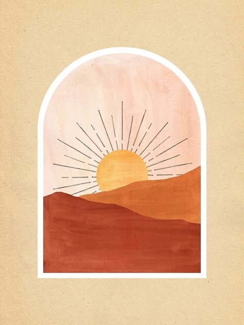 "Warm boho landscape" Art Print by WhalesWay | Redbubble Terracotta Wallpaper Bedroom, Boho Art Print, Boho Sun Painting, Terracotta Aesthetic Wallpaper, Terracotta Artwork, Terracotta Aesthetic, Boho Sunrise, Sunrise Drawing, Boho Drawing