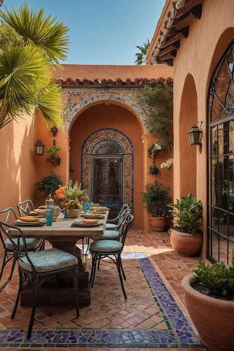 Spanish Mediterranean Homes Exterior, Spanish Flooring, Mediterranean Floor Tile, Mediterranean Porch, Spanish Patio, Mexican Style Homes, Italian Courtyard, Terra Cotta Tiles, Courtyard Home