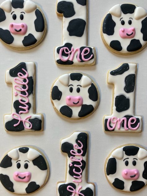 Cow Theme Cookies First Birthday, Cow 1st Birthday Cookies, Cow Theme Birthday Cookies, Moo Moo Im Two Cookies, Moo Moo I’m Two Cookies, Cow First Birthday Cookies, Cow Cookies Decorated 1st Birthday, Cow Print Birthday Cookies, Cow One Year Birthday