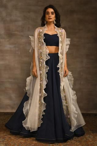 Shop for Radhika and Raghav Blue Silk Organza Embroidered Cape Lehenga Set for Women Online at Aza Fashions Indian Outfits Modern, Cape Lehenga, Weddings Dresses, Cape Set, Embroidered Cape, Organza Embroidery, Trendy Outfits Indian, Lehenga Designs Simple, Gaun Fashion