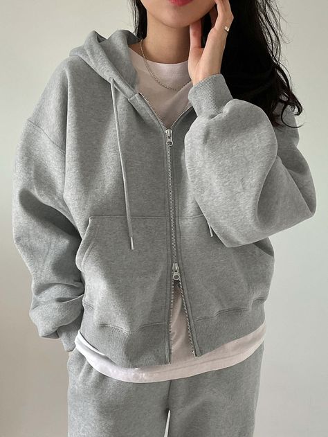 Grey Casual Collar Long Sleeve Fabric Plain Zip Up Embellished Non-Stretch  Women Sweatshirts Thermal Hoodie, Women Sweatshirts, Drop Shoulder, Sweatshirts Women, Hoodies Womens, Zip Ups, Athletic Jacket, Zipper, My Style