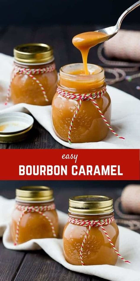 Perfect for both gift giving and parties, this bourbon caramel sauce will become an instant favorite of anyone who tries it! Get the recipe on RachelCooks.com! Homemade Caramel Sauce Gift Jars, Caramel Sauce Christmas Gift, Salted Bourbon Caramel Sauce, Salted Caramel Bourbon Sauce, Ornament Filled Gifts, Bourbon Salted Caramel Sauce, Maple Bourbon Caramel Sauce, Caramel Sauce Canning Recipe, Canning Homemade Caramel Sauce