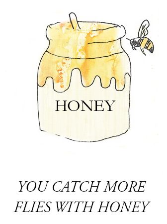 You catch more flies with honey than vinegar, so be kind and friendly. Quote about being nice You Catch More Flies With Honey, Quotes About Honey, The Word Honey Tattooed, Catch More Flies With Honey Quotes, Honey Quotes, Bees Don't Waste Their Time Explaining To Flies, Fly Craft, Bee Quotes, Flying Tattoo