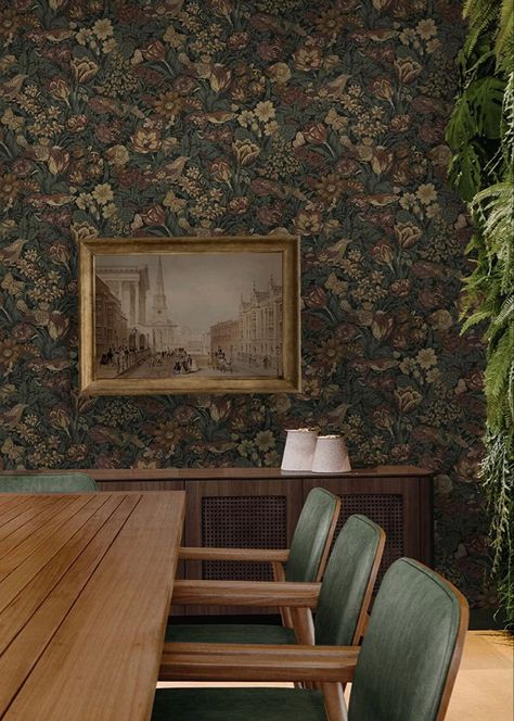 NextWall Bird Floral Vintage Peel and Stick Wallpaper (Mahogany & Graphite) Dining Room Wallpaper, Drops Patterns, Room Wallpaper, Burke Decor, Wallpaper Roll, Stick Wallpaper, Floral Wallpaper, Peel And Stick Wallpaper, Interior Spaces