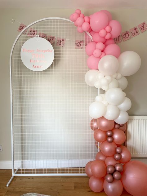 Pink white and rose gold balloon garland with mesh arch backdrop and personalised sign Rose Gold Pink White Balloon Garland, Mesh Backdrop Balloons, 21st Birthday Party Decor, Rose Gold Balloon Garland, Mesh Backdrop, Backdrop Balloons, Balloon Displays, Gold Balloon Garland, Half Arch