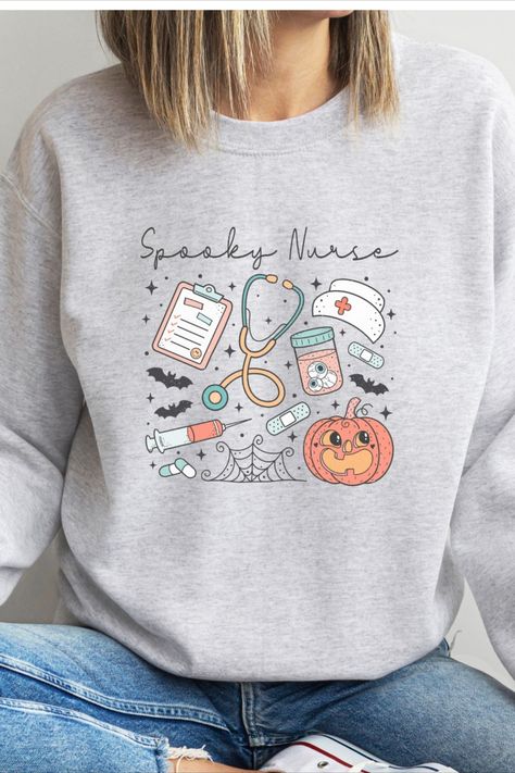 Nursing Tools, Nurse Halloween, Autumn Wardrobe, Halloween Nurse, Nurse Sweatshirt, Sweatshirt Halloween, Halloween Sweatshirt, Pink Sweatshirt, Knitted Pullover Sweaters