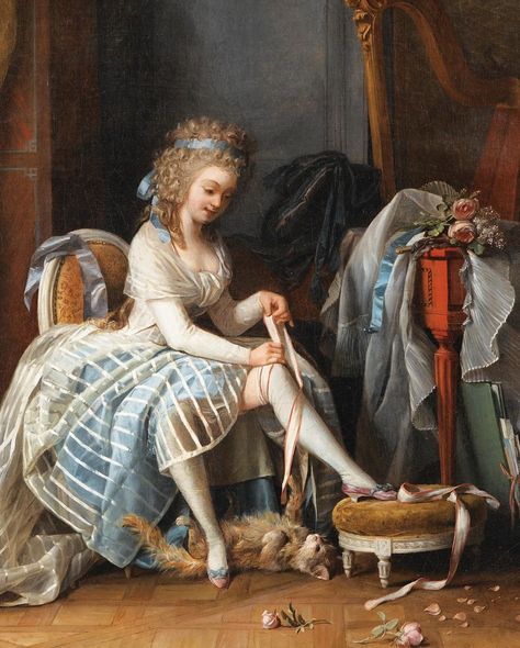 “Young Woman at Her Toilette” by Niklas Lafrensen, circa 1780s. A fun divergence from the typical prim and proper 18th century scene. Plus,… Woman At Her Toilette, Gaun Abad Pertengahan, 18th Century Art, 18th Century Women, 18th Century Portraits, Rococo Art, 18th Century Paintings, 18th Century Costume, 18th Century Clothing