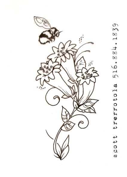 Love this bee...maybe with a poppy? Honeysuckle And Bee Tattoo, Bumblebee Tattoos, Embroidery Tattoos, Honeysuckle Tattoo, Bee Sketch, Bee Tattoos, Honey Bee Tattoo, Bumble Bee Tattoo, Cup Tattoo