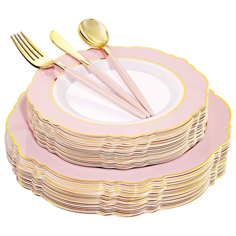 PRICES MAY VARY. SATISFY YOUR HEART：Like a warm breeze, the vivid colors of these pink plastic plates are pleasing to you eye. Increase your appetite, add a touch of style to your dining table and highlight your high-level beauty.SO CUTE!You can also give it as a gift to your mother, friends or colleagues. CELEBRATE MUST-HAVE ITEMS：All made of food grade plastic, BPA free, non-toxic.These high-quality pink with gold rim plates are combined with two-section of rotatable gold plastic silverware is Gold Plastic Silverware, Upscale Wedding, Gold Plastic Plates, Pink Dinnerware, Gold Silverware, Pink Napkins, Plastic Silverware, Plastic Dinnerware, Plastic Forks