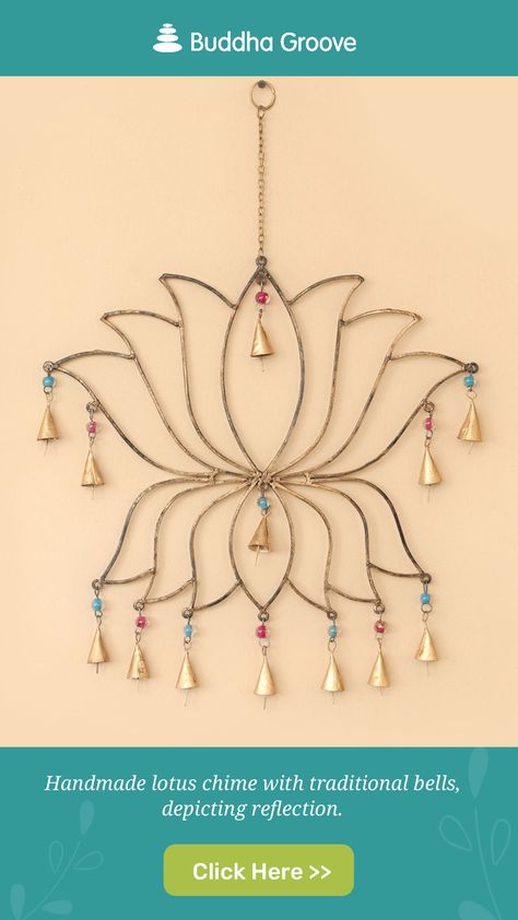 It is often said that the blooming of a lotus flower reflects our own journey. Before a lotus can blossom, it has to rise above the mud signifying our own triumphs over adversities. Depicting the concept of reflection, this lotus chime made with traditional bells is a wonderful way to add gentle sounds to your space. Each is handcrafted by artisans in India and bedecked with blue and pink beads for a splash of color.

Lotus wind chime or wall hanging
Rustic finish
Handmade from reclaimed metals Buddha Groove, Rise Above, Pink Beads, Wind Chime, Free Giveaway, Lotus Flower, Splash Of Color, Wind Chimes, Bright Pink