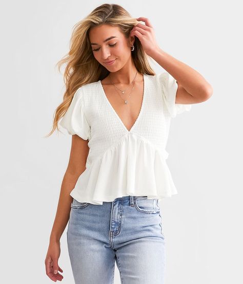 Hyfve Smocked Peplum Top - Women's Shirts/Blouses in Black | Buckle Summer Blouses For Women, Cute Tops With Jeans, Cute Tops For Women, Casual V-neck Top With Smocked Back, Casual Fitted Smocked Peplum Top, Spring V-neck Smocked Top, White Blouse Jeans, Summer Feminine V-neck Smocked Top, White Boho Shirt