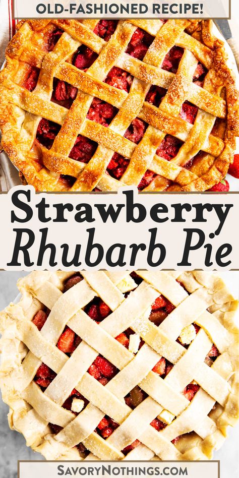 Bake a Strawberry Rhubarb Pie like grandma used to make! The best dessert with a scoop of ice cream to go with the fruity filling & buttery crust. | #strawberry #rhubarb #pie #pierecipe #baking #dessert #spring #summer Strawberry Rubarb Pie, Thanksgiving Recipes Dessert Pies, Easy Strawberry Rhubarb Pie, Strawberry Rhubarb Pie Filling, Rhubarb Pie Recipe, Strawberry Rhubarb Recipes, Strawberry Rhubarb Pie Recipe, Rhubarb Recipes Pie, Fresh Rhubarb