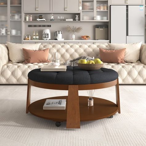 Modern Large Round Ottoman Coffee Table 2-Tier Oversized Button Tufted Ottoman with Wood Shelf Storage Upholstered Coffee Table - Bed Bath & Beyond - 41156289 Round Ottoman Coffee Table, Upholstered Coffee Table, Large Round Ottoman, Upholstered Coffee Tables, Linen Ottoman, Coffee Table Stand, Ottoman Coffee, Living Room Organization, Tufted Ottoman