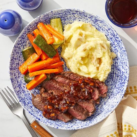 Recipe: Steaks & Cheesy Mashed Potatoes with Steak Sauce & Roasted Vegetables - Blue Apron Smooth Mashed Potatoes, Blue Apron Recipes, Brown Butter Sauce, Steak Dishes, Fresh Meals, Cheesy Mashed Potatoes, With Mashed Potatoes, Juicy Steak, Blue Apron