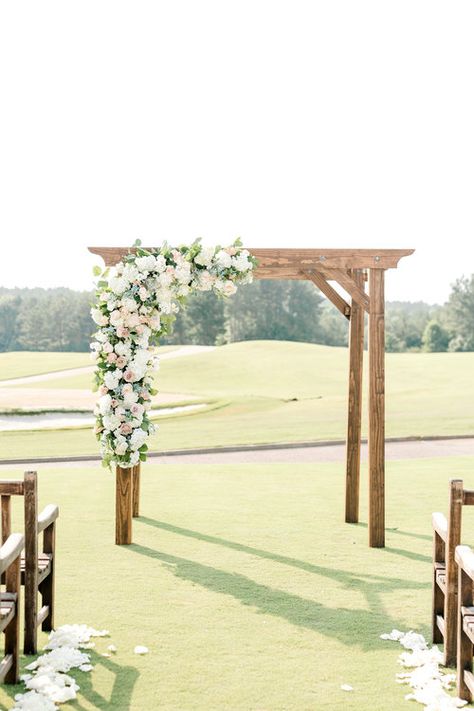 Photo: Anna Kardos Photography Courtney Inghram Independence Golf Club Richmond Wedding Florist Virginia Summer wooden wedding arch with flowers in corner blush dahlias  and garden roses with eucalyptus greenery Wooden Arbor Wedding, Wedding Arch With Flowers, Roses With Eucalyptus, Wooden Wedding Arch, Arch With Flowers, Rustic Arch, Aisle Ideas, Wooden Wedding Arches, Ceremony Arches