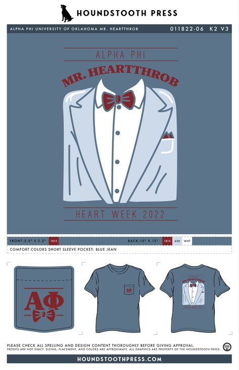 #sorority #fraternity #greeklife #alphaphi #aphi #heartweek #mrhearthrob #bowtie #customdesign #lovethelab // Houndstooth Press Custom Apparel Mr Heartthrob Alpha Phi, Aphi Merch, Mr. Heart, Heart Throb, Sorority Tshirts, Sorority Apparel, University Of Oklahoma, Alpha Phi, Sorority Outfits