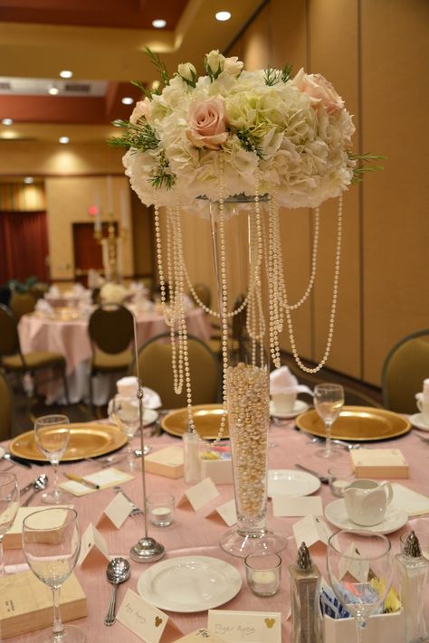 Tall vase with hydrangea, roses and pearls by www.CreationsbyDebbie.net 30th Wedding Anniversary Party, Summer Wedding Centerpieces, Roses And Pearls, Pearl Centerpiece, Pearl Party, 30th Wedding Anniversary, Wedding 2025, Tall Vase, Wedding Anniversary Party