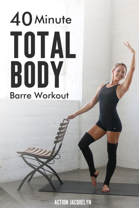 You don't need any equipment at all, just a chair or ledge for balance. Watch this 40 Minute Total Body Barre Workout - Action Jacquelyn - Video Tutorial. #ActionJacquelyn #totalBody #Workout… Barre Pilates Workout, Action Jacquelyn, Barre Body, Ballet Barre Workout, Barre Exercises, Barre Exercises At Home, Barre Workout Video, Ballerina Workout, Cardio Barre