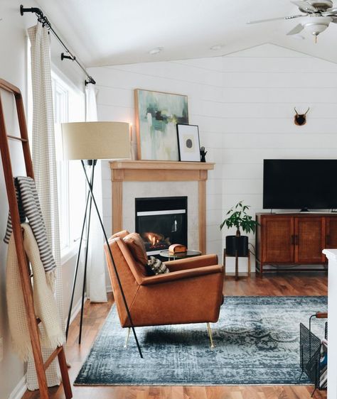 Treehouse Living, Blue Persian Rug, Oak Mantel, Oak Fireplace, White Shiplap Wall, Light Grey Walls, White Shiplap, Furniture Layout, Tripod Floor Lamps